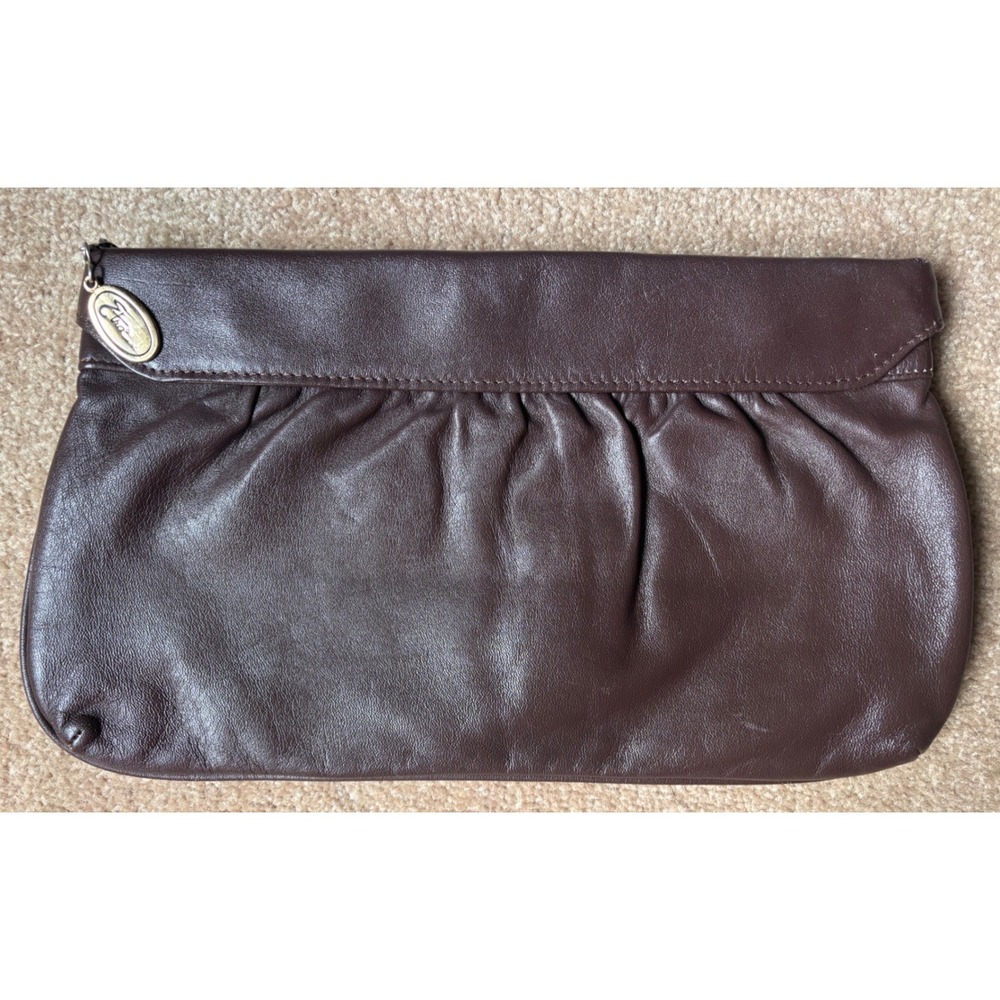 Etra Vintage Brown Genuine Leather Pleated Zipper Clutch Bag with Logo Charm